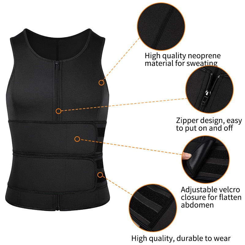 Best Sauna Waist Trainer Vest 2-in-1 Body Shaper vest with zipper, two belt for Men