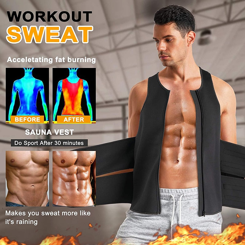 Best Sauna Waist Trainer Vest 2-in-1 Body Shaper vest with zipper, two belt for Men